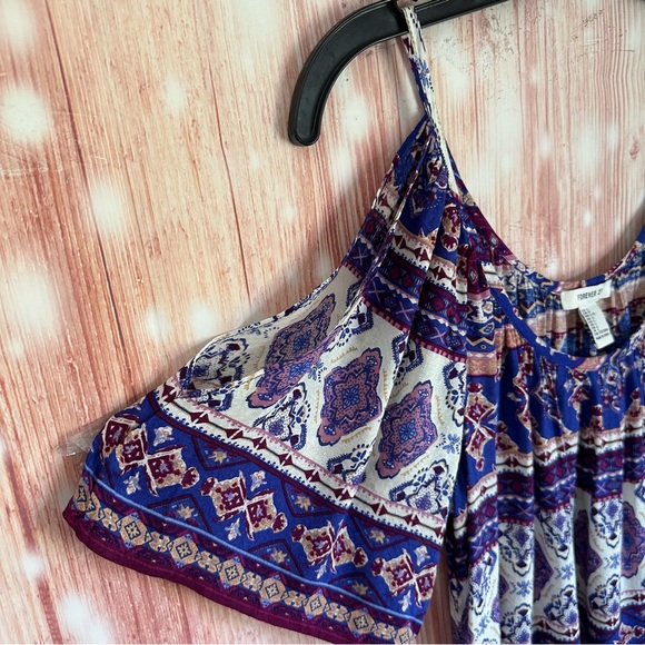 Forever 21 Purple Boho Print Short Sleeve Cold Shoulder Dress - Picture 7 of 12
